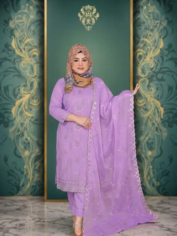 Premium Cotton Embroidery & Sequin Party Wear Three-Piece Set