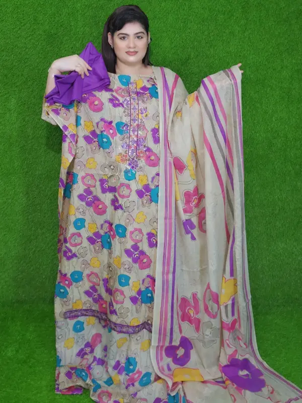 বেইজ ফ্লোরাল প্রিন্ট কটন আনস্টিচড থ্রি-পিস