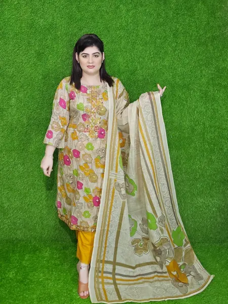 Beige Floral Print Cotton Unstitched Three-Piece Set