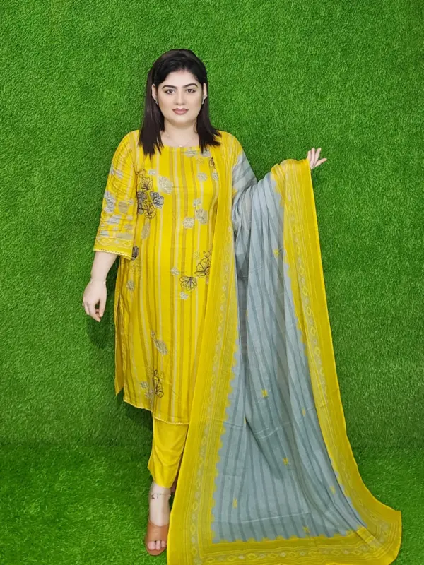 গঙ্গা বুটিক কটন স্ট্রাইপড ফ্লোরাল ওয়ার্ক আনস্টিচড থ্রি-পিস