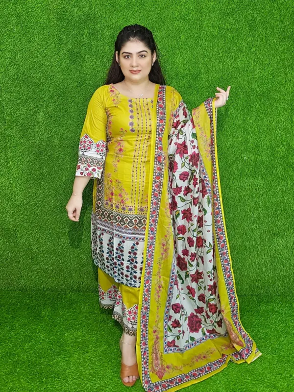 লেমন হলুদ ডিজিটাল প্রিন্ট কটন আনস্টিচড থ্রি-পিস