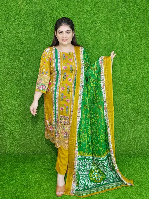 সরিষা হলুদ বুটিক কটন আনস্টিচড থ্রি-পিস