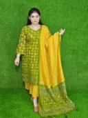 Olive Green Bandhani Print Pure Cotton Unstitched Three-Piece Set - অলিভ