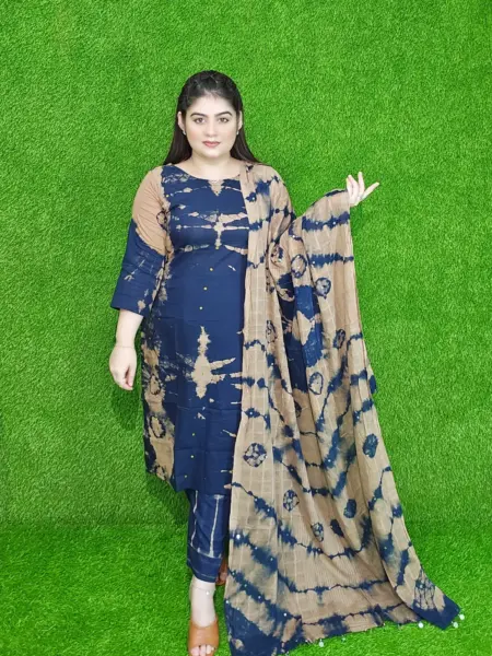 Navy Blue Batik Cotton with Sequence Unstitched Three-Piece Set