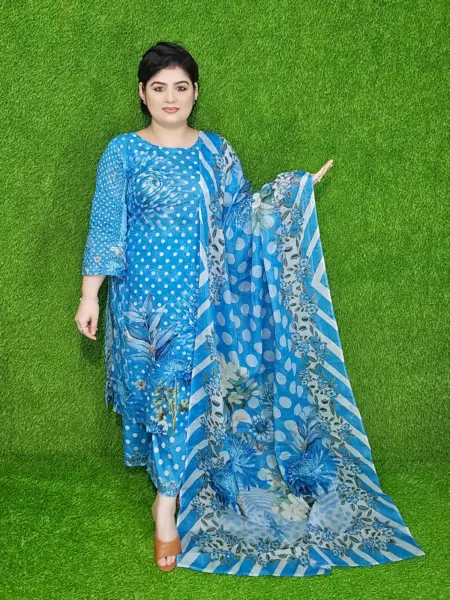 Blue Floral Digital Print Lawn Unstitched Three-Piece Set