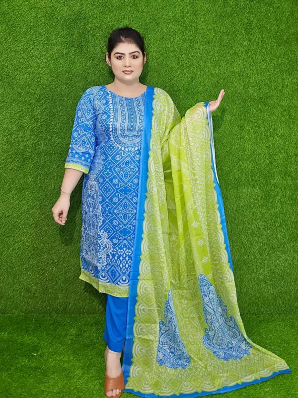 প্রিমিয়াম চুনরি প্রিন্ট লন আনস্টিচড থ্রি-পিস