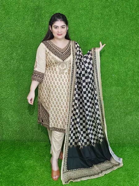 Beige Digital Print Cotton Lawn Unstitched Three-Piece Set