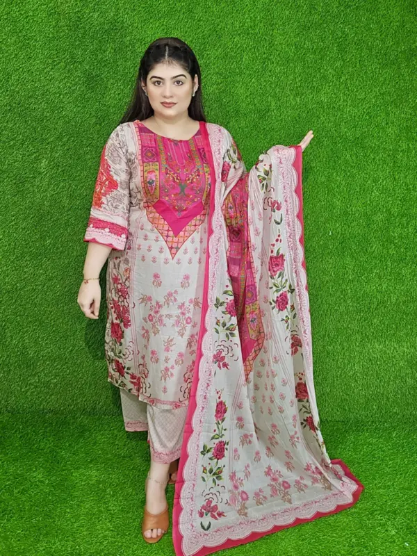 অফ-হোয়াইট পিংক ফ্লোরাল প্রিন্ট কটন আনস্টিচড থ্রি-পিস
