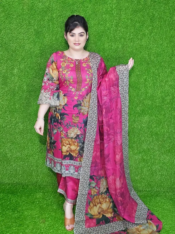 Magenta Pink Floral Digital Print Lawn Unstitched Three-Piece Set