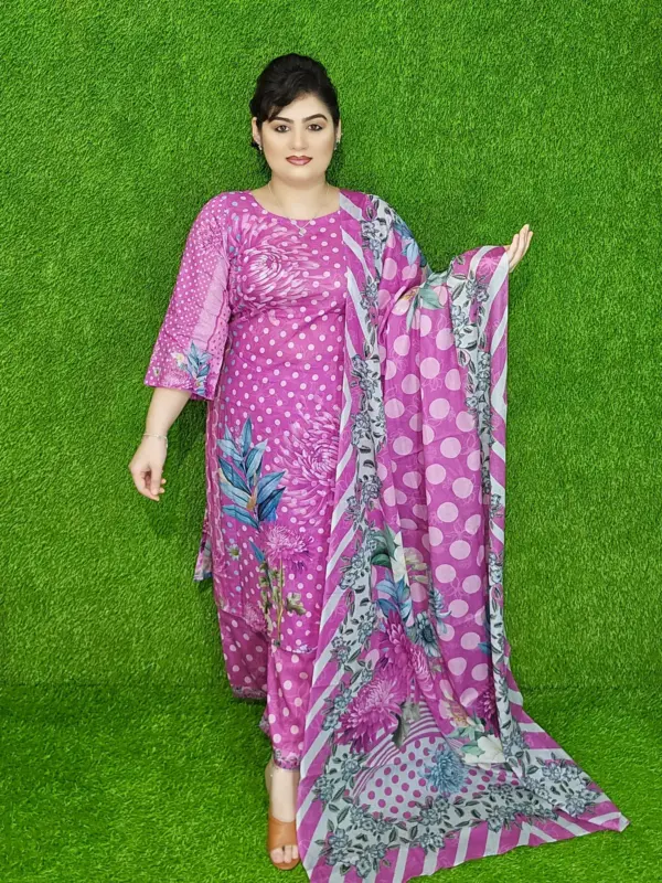 Lavender Floral and Polka Dot Digital Print Lawn Unstitched Three-Piece Set