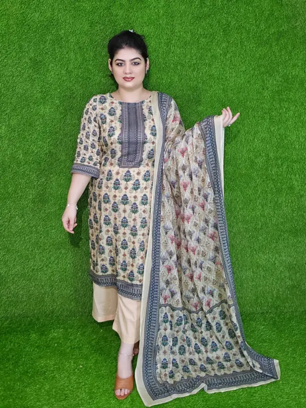 সফট ক্রিম ফ্লোরাল ডিজিটাল প্রিন্ট কটন আনস্টিচড থ্রি-পিস