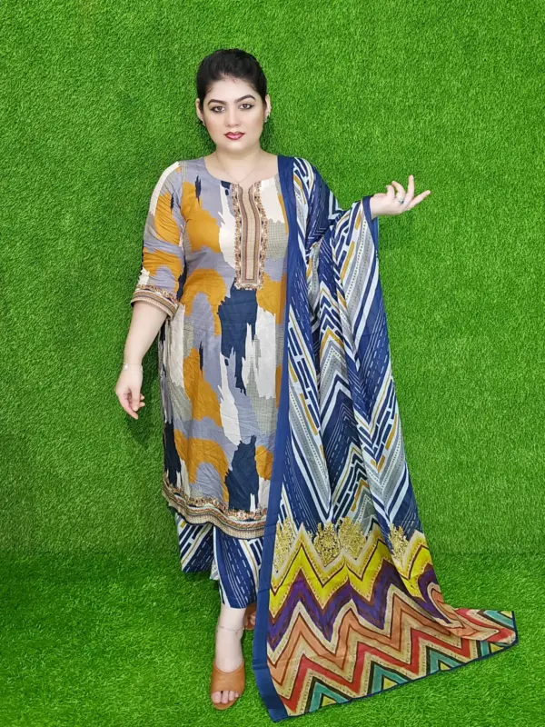 অ্যাশ গ্রে মাল্টিকালার ডিজিটাল প্রিন্ট কটন আনস্টিচড থ্রি-পিস