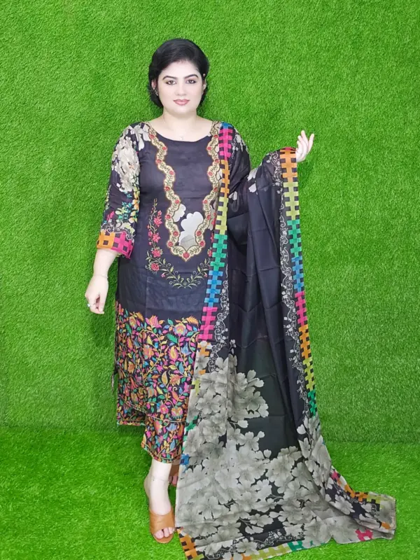 কালো ফ্লোরাল ডিজিটাল প্রিন্ট কটন আনস্টিচড থ্রি-পিস