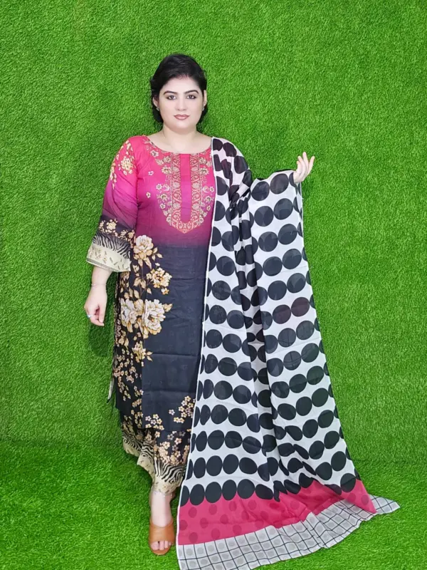 পিংক-কালো জিওমেট্রিক প্রিন্ট কটন লন আনস্টিচড থ্রি-পিস