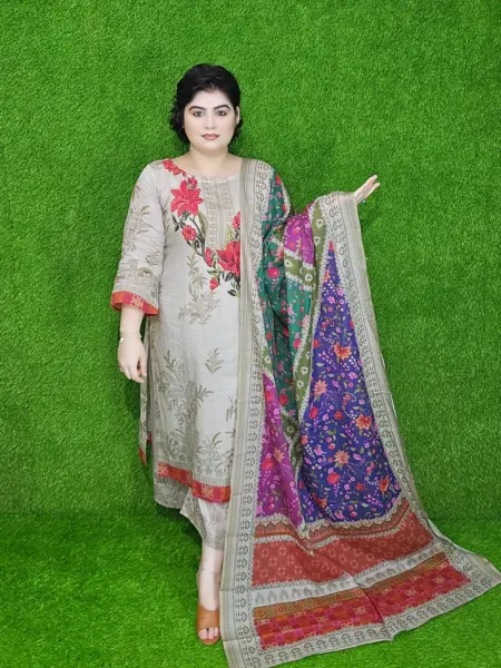 Brown Floral Digital Print Cotton Unstitched Three-Piece Set