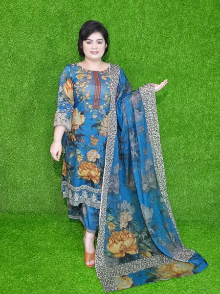 Sea Blue Floral Digital Print Lawn Unstitched Three-Piece Set