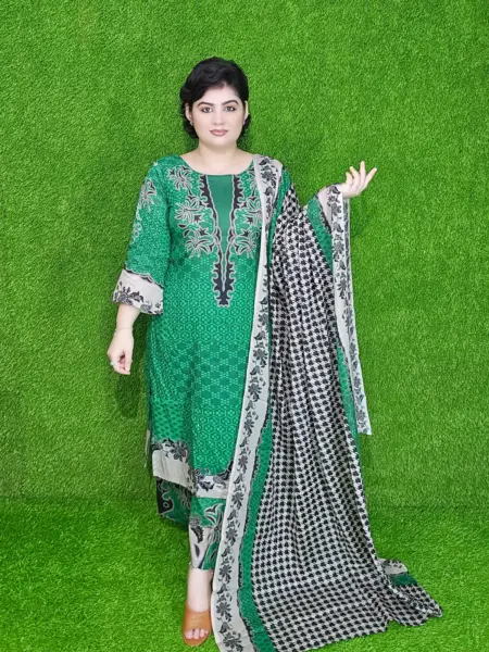 Green Geometric Print Cotton Lawn Unstitched Three-Piece Set